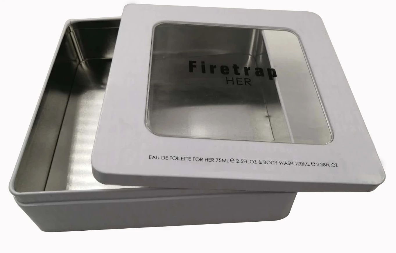 
China factory square tin box with clear window lid and logo embossed 