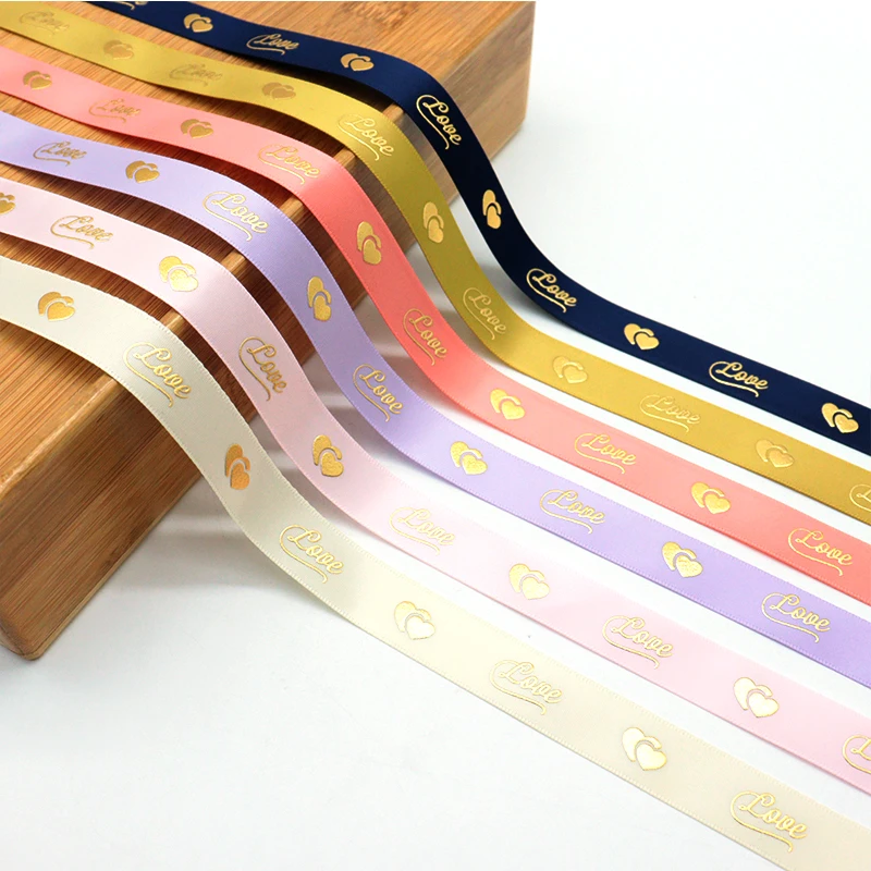 Wholesale Gold Foil Love Heart Custom Logo Printed Satin Ribbon For Home Wedding Decoration