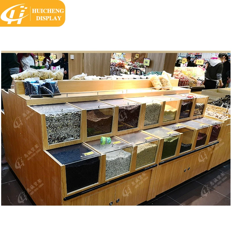 Customized wooden display shelf wooden Dried Fruit Display Stand with acrylic boxes dried fruit display rack