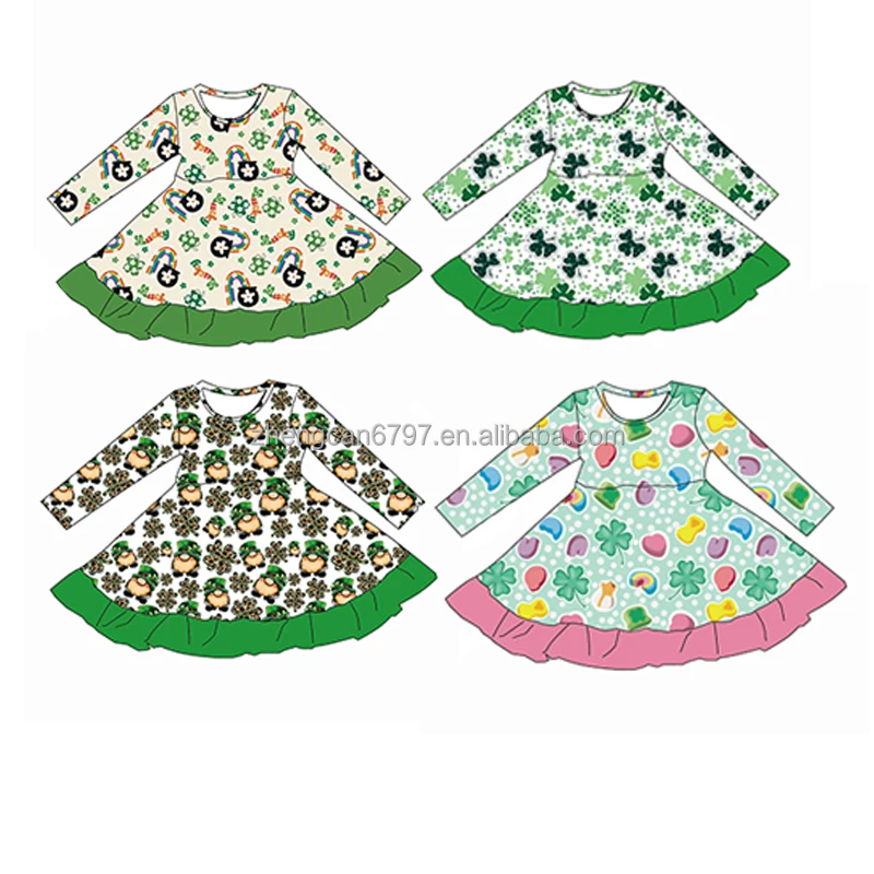 Wholesale Dress For Kids Saint Patricks Day Unique Baby Clothes Cute Four Leaf Clover Rainbow Print Long Sleeve Frocks For Girls