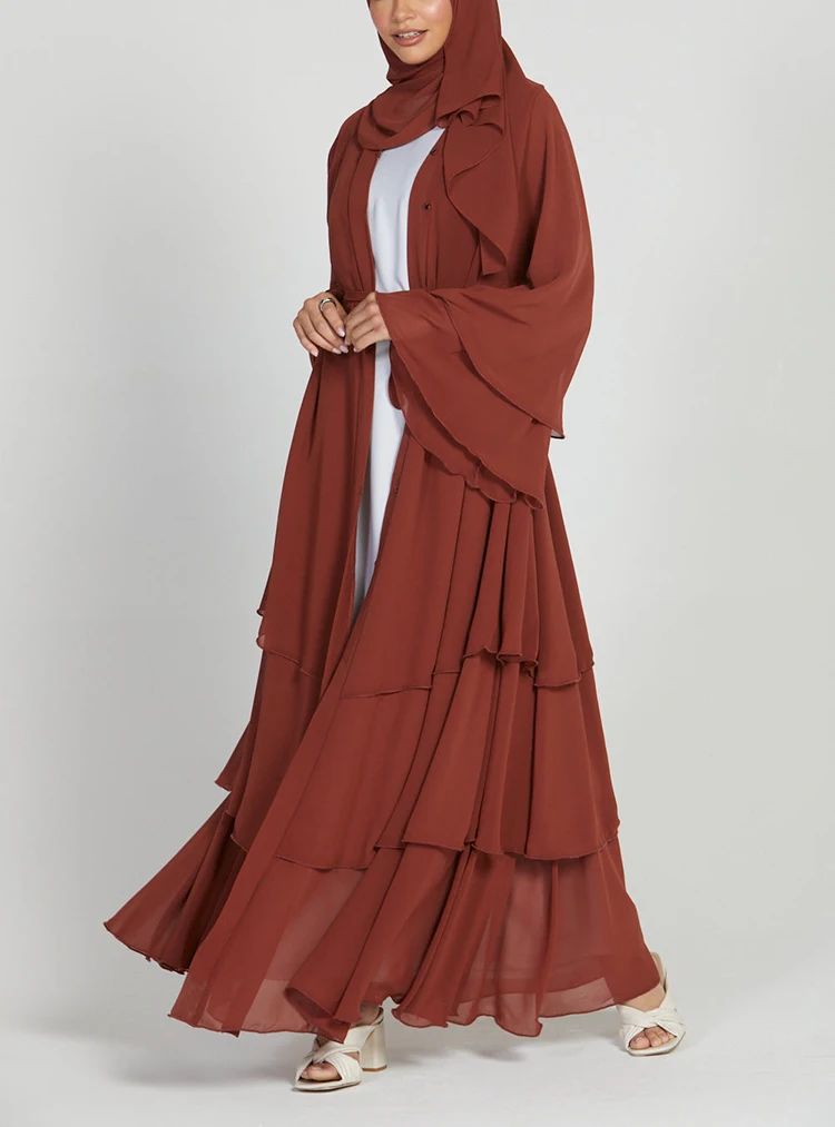 New Arrival Wear Muslim Dress Open Abaya With Inner Dress Solid Chiffon Islamic Brown Luxury Clothing Women Dress