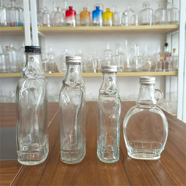 Wholesale 150ml 250ml 375ml 500ml Wine Glass Maple Syrup Bottles with Handle Beverage Maple Syrup Flat Glass Bottle