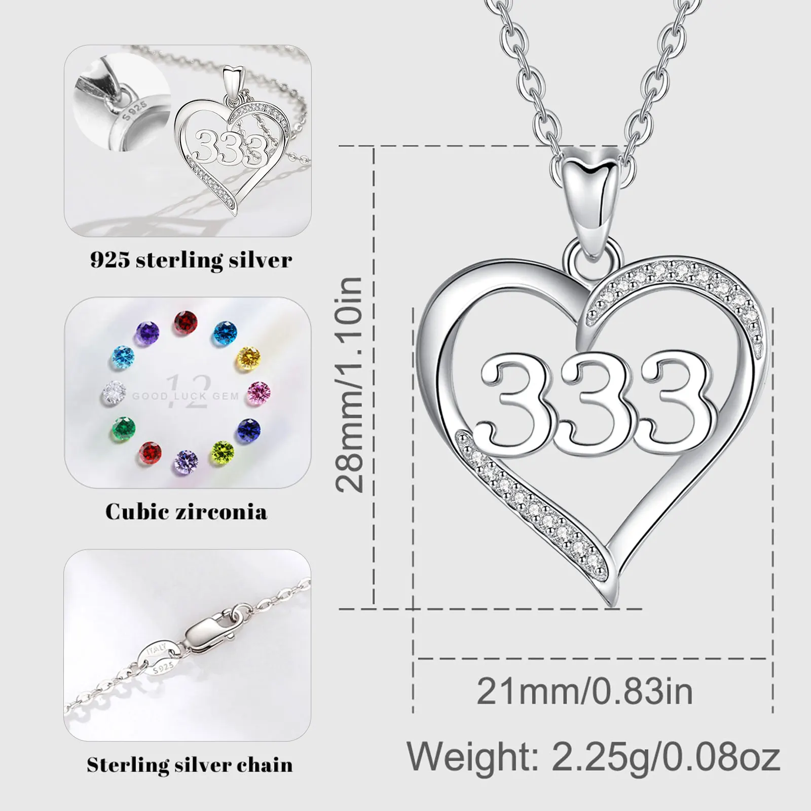 Changda waterproof mem 925 sterling silver tarnish free tiny heart number 111-999 angel number pendant necklace