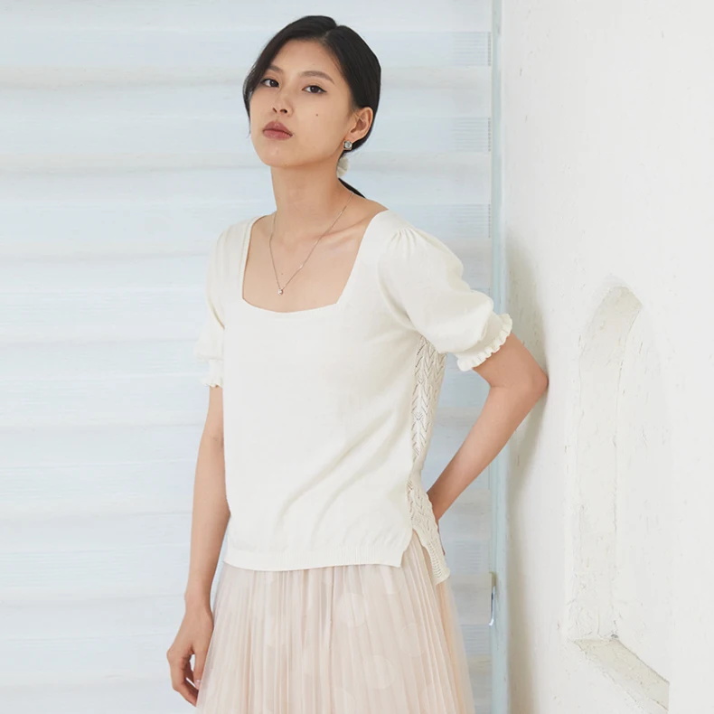 Square neck lantern sleeve T-shirt hollow out white
