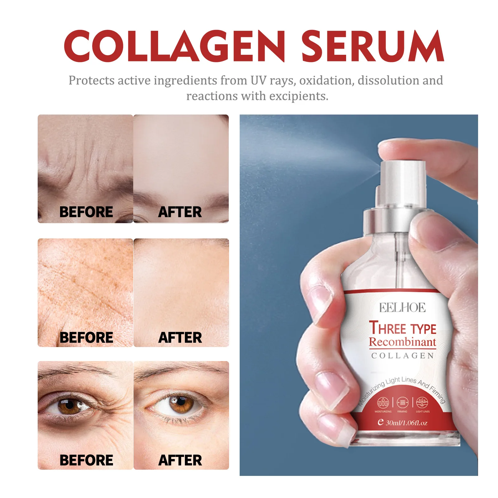 EELHOE 30Ml Three Type Recombinant Collagen Essence Anti-Aging Removal Blemish Dark Spots Light Fine Lines Lift Firming Serum