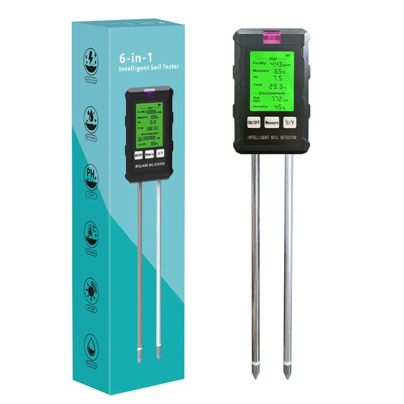 6 in1 Plant Moisture Tenp Meter Light and PH Tester soil survey instrument for Home Garden Lawn Farm Indoor and Outdoor Use