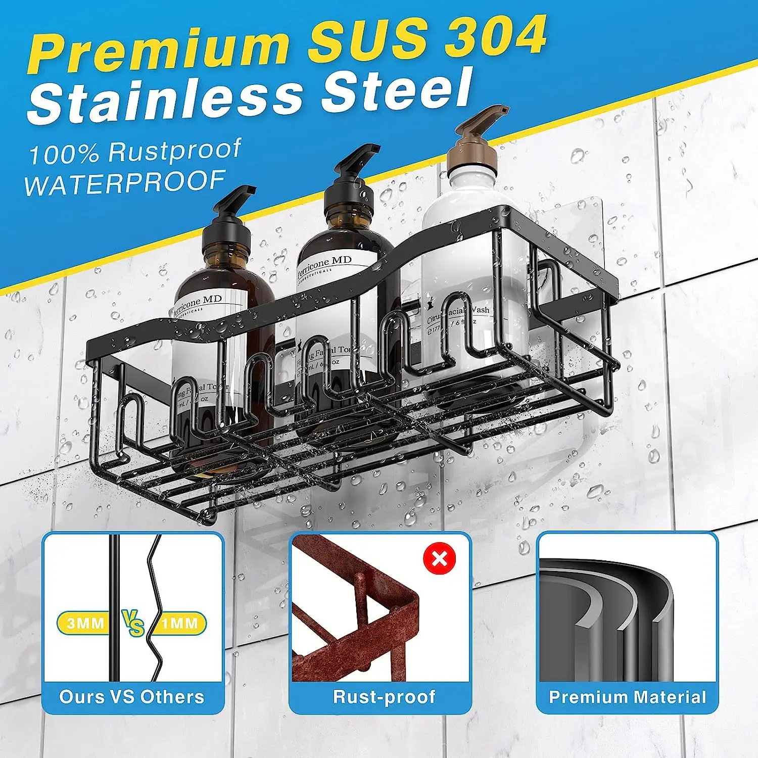 5 Pack Adhesive Storage Shelves Shower Caddy Rustproof Stainless Steel Bath Organizers With Large Capacity For Bathroom Kitchen