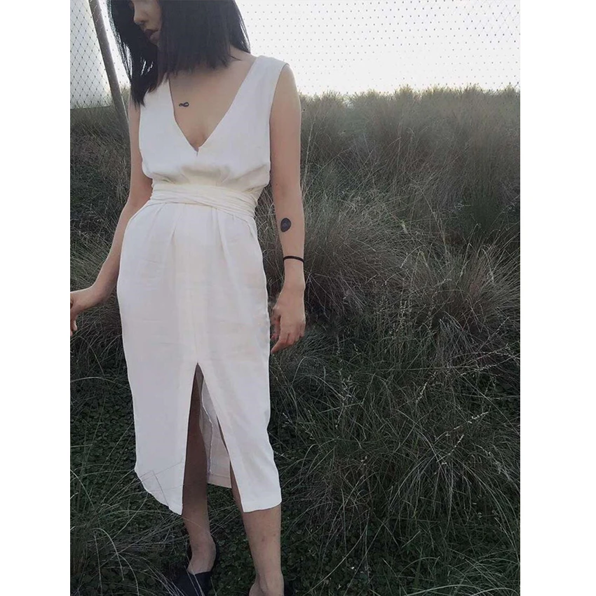 Korea clothing 2021 Ivory White v-Neck Dresses Backless Dress Sexy Summer Sleeveless Vest maxidress
