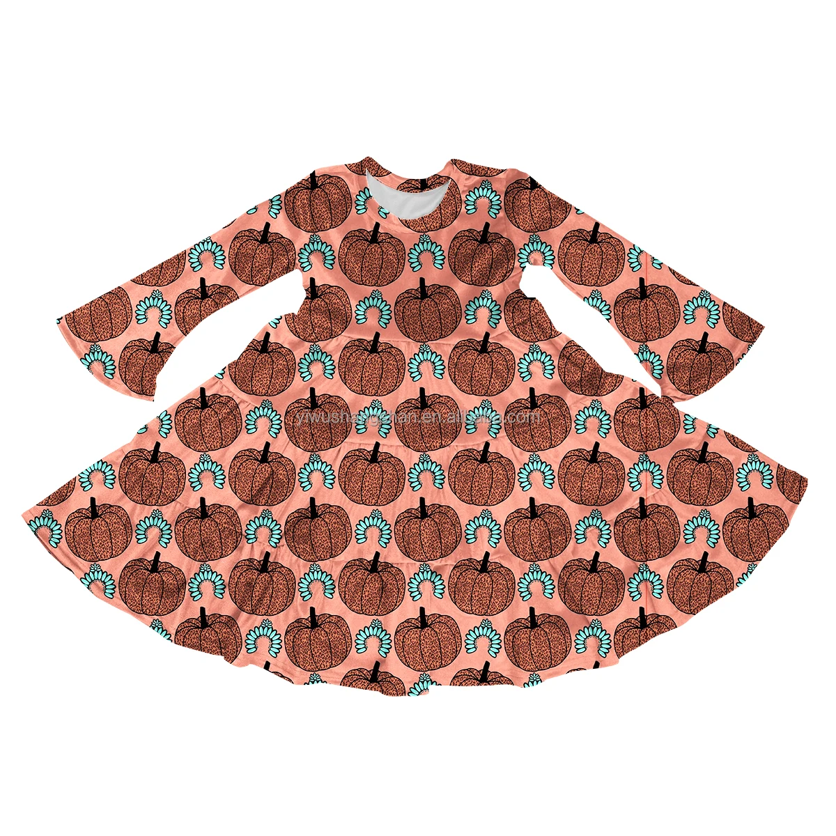 Autumn Long Flared Sleeve Kids Velvet Dress Custom Pumpkin Floral Design Baby Girls Twirl Dresses