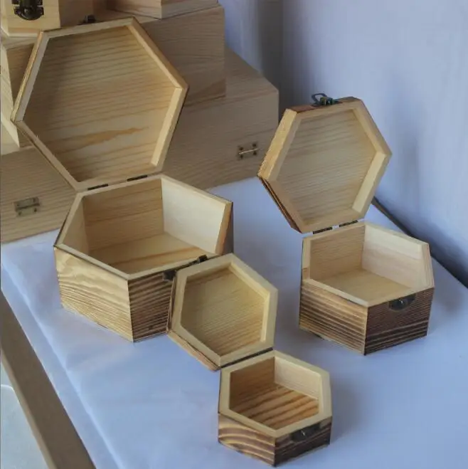 Solid wood retro hexagonal wooden box Pine Gift packing Jewelry box