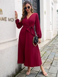 Woying Spring  Autumn and winter temperament cross V collar big place hundred pleated Casual Long Dress