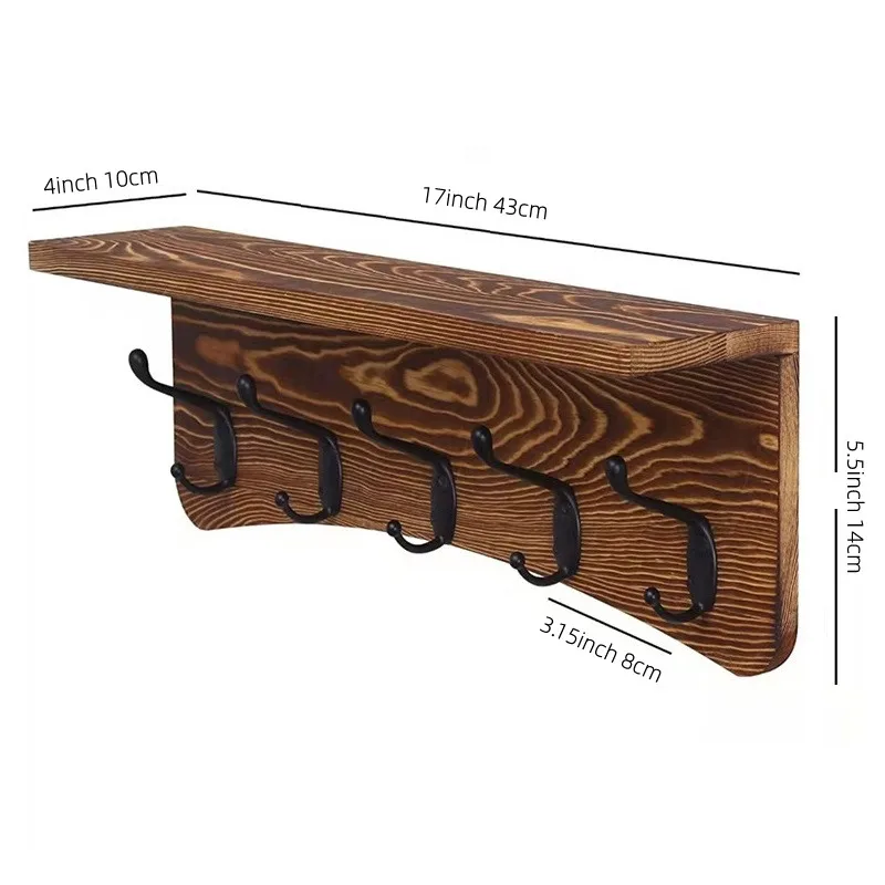 Vintage Wood Wall Shelf with Hooks for Entryway Wall Coat Rack for Hanging Coat Jacket Backpack Wall Mounted with Upper Shelf