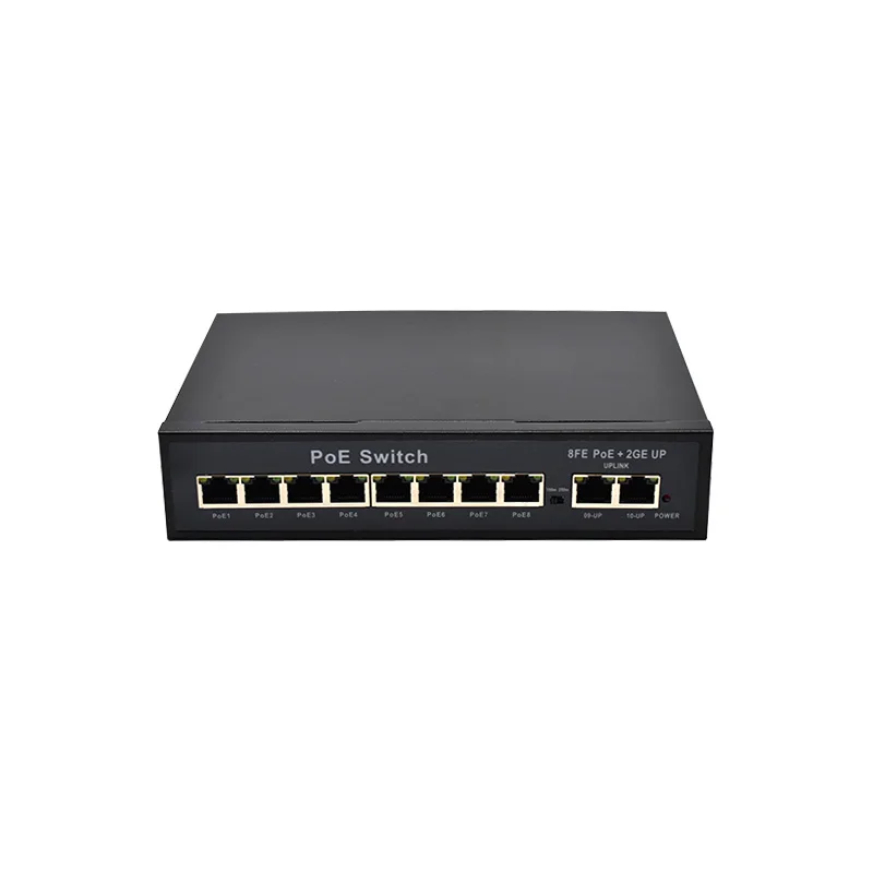 8 port Half/Full duplex adaptive support VLAN  10/100mbps PoE RJ45 port and 2 10/100/1000mbps uplink ports poe switch