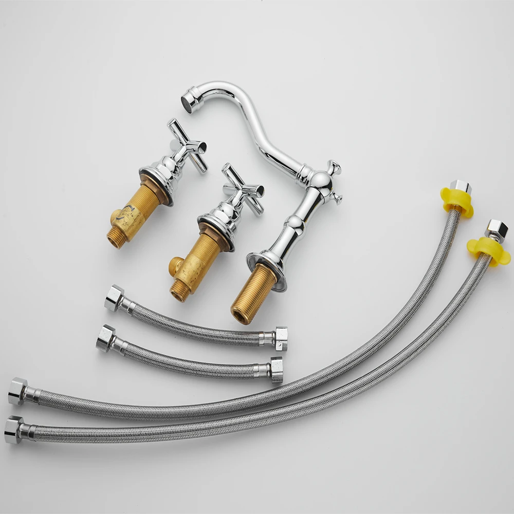 Chrome Brass Sink Faucet 3 Hole Widespread Bathroom Faucet with Water Supply Lines