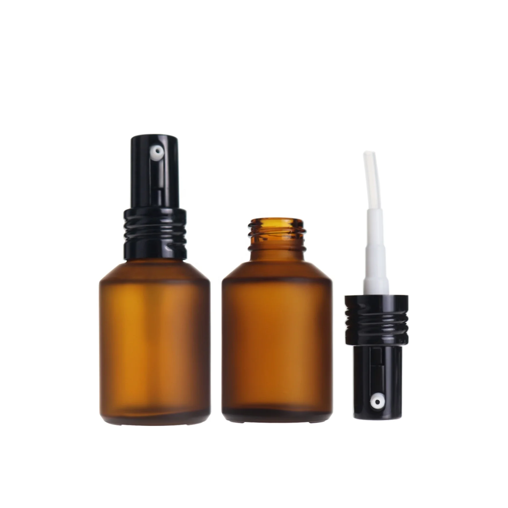 high end 30ml 1oz empty cosmetic packaging amber frosted slant shoulder serum glass bottles with golden lotion pump