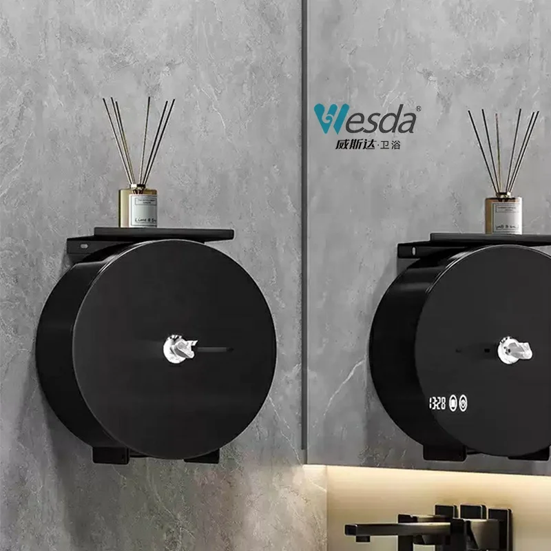 WESDA Public Bathroom Lockable Wall Mount Stainless Steel Roll Tissue Holder Commercial Jumbo Toilet Paper Dispenser with Shelf