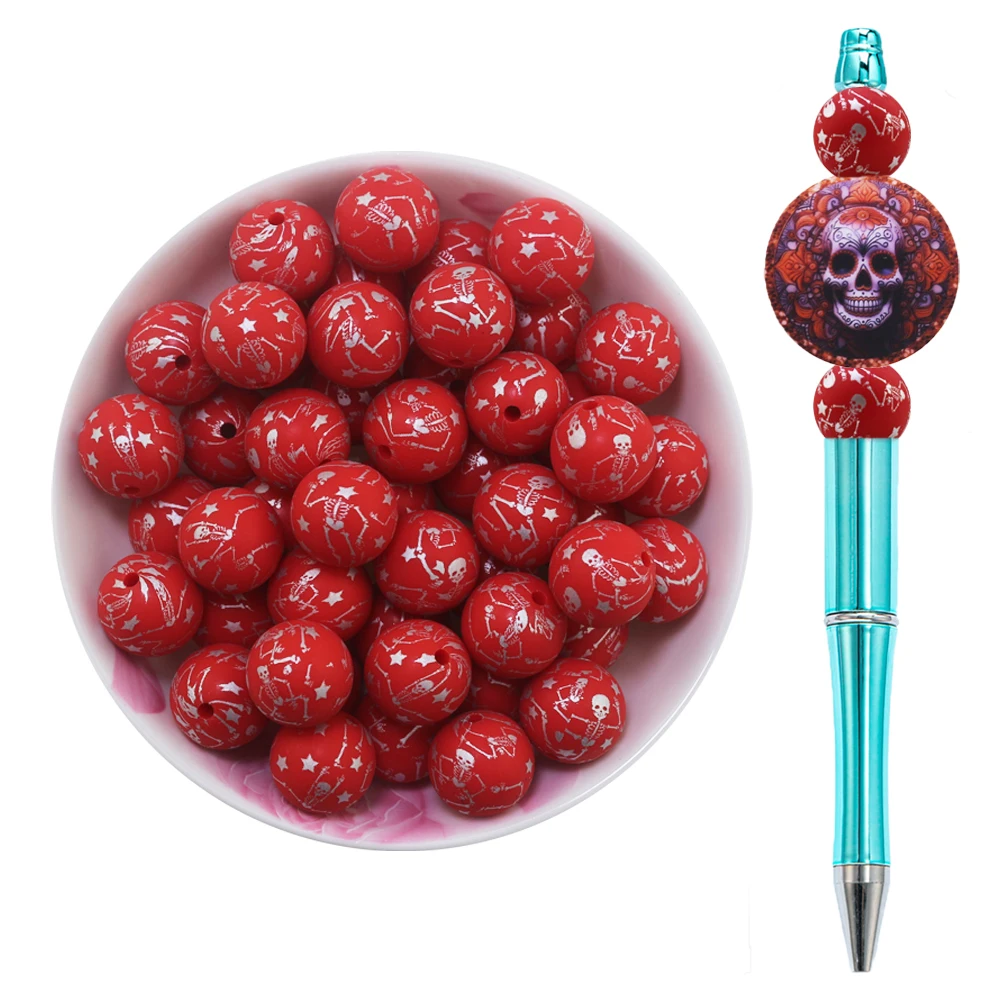 2024 New Arrival Custom Beads Printed Star Skull Halloween Silicon Round Beads For Pens Lanyard 15mm Silicone Beads For Pacifier