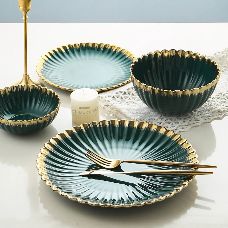 factory supplier dinner set luxury plate ceramic tableware restaurant bowls gold plated dinnerware set