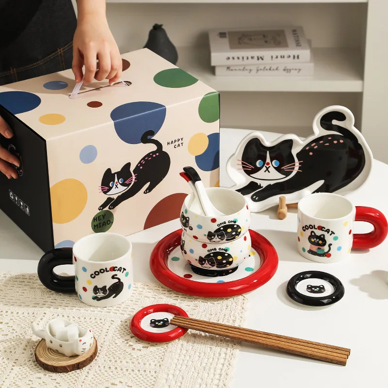 Meole Gu Mengqu Ceramic Tableware Bowl Dish Plate Gift Alien Cat Dinner Plate Good-looking Water Cup Birthday Gift