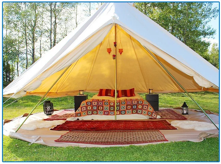 Qibu 4-season Waterproof Cotton Canvas Large Family Camp Beige Color Bell Tent Hunting Wall Tent With Roof Stove Jack Hole