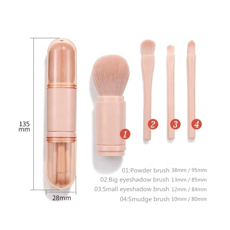 2023 New Custom Logo Portable 4 in 1 Retractable Powder Foundation Brush Mini Eye Eyeshadow Makeup Brush Set