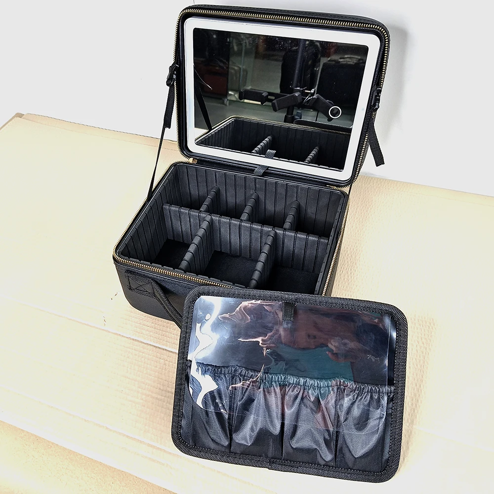 Travel Makeup Bag with LED Cosmetic Mirror Portable Adjustable Light Table Mirror Train Case Organizer with Adjustable Dividers