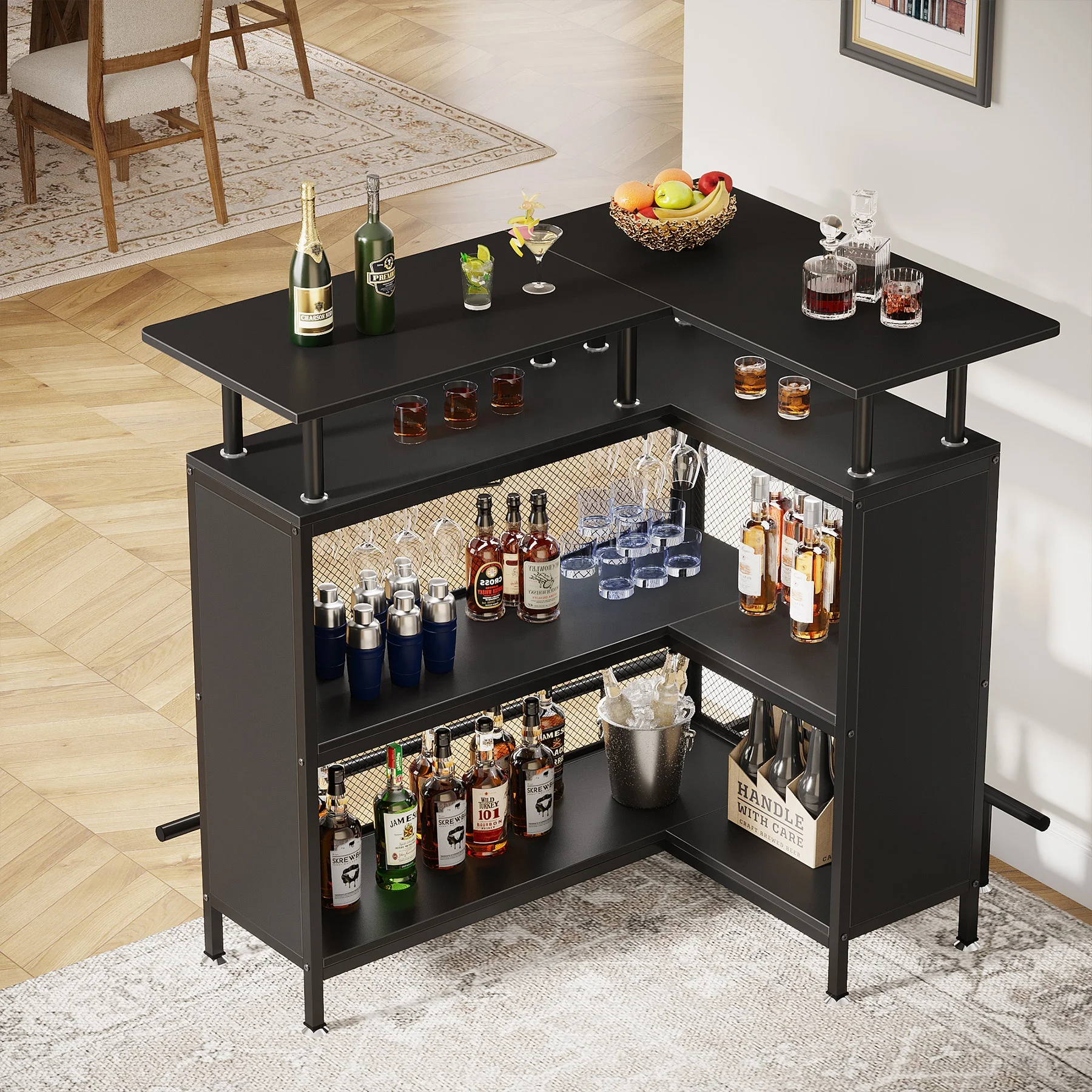 Mini Home Portable Black Liquor Cabinet Coffee Bar Unit Table with Storage and Footrest for Home Kitchen Bar Pub