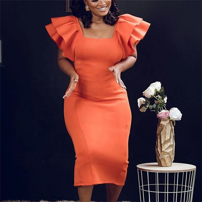 Vetement Femme Grande Taille Summer Casual Sexy Elegant A-Line Midi Ruffle Sleeve 4Xl Plus Big Size Dresses For Women