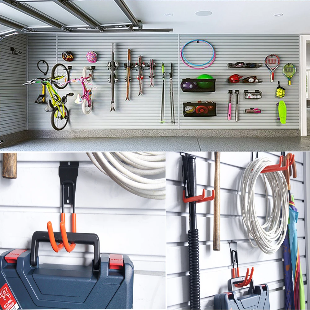 Heavy Duty Steel Slat Wall Garage Hook For Garage Storage Utility Double Hooks With Anti-Slip Coating
