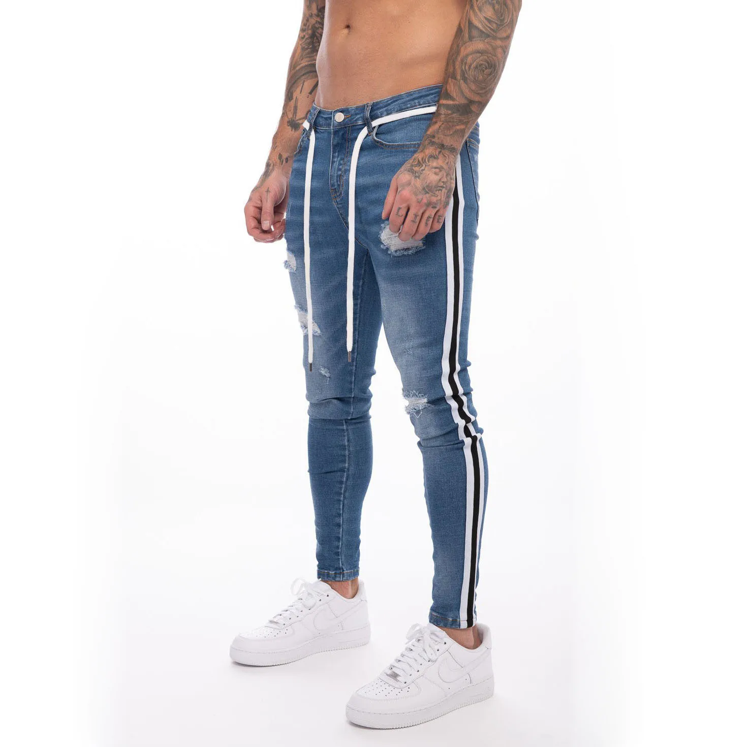 European and American 3XL new design white slim ripped small foot skinny denim jeans men