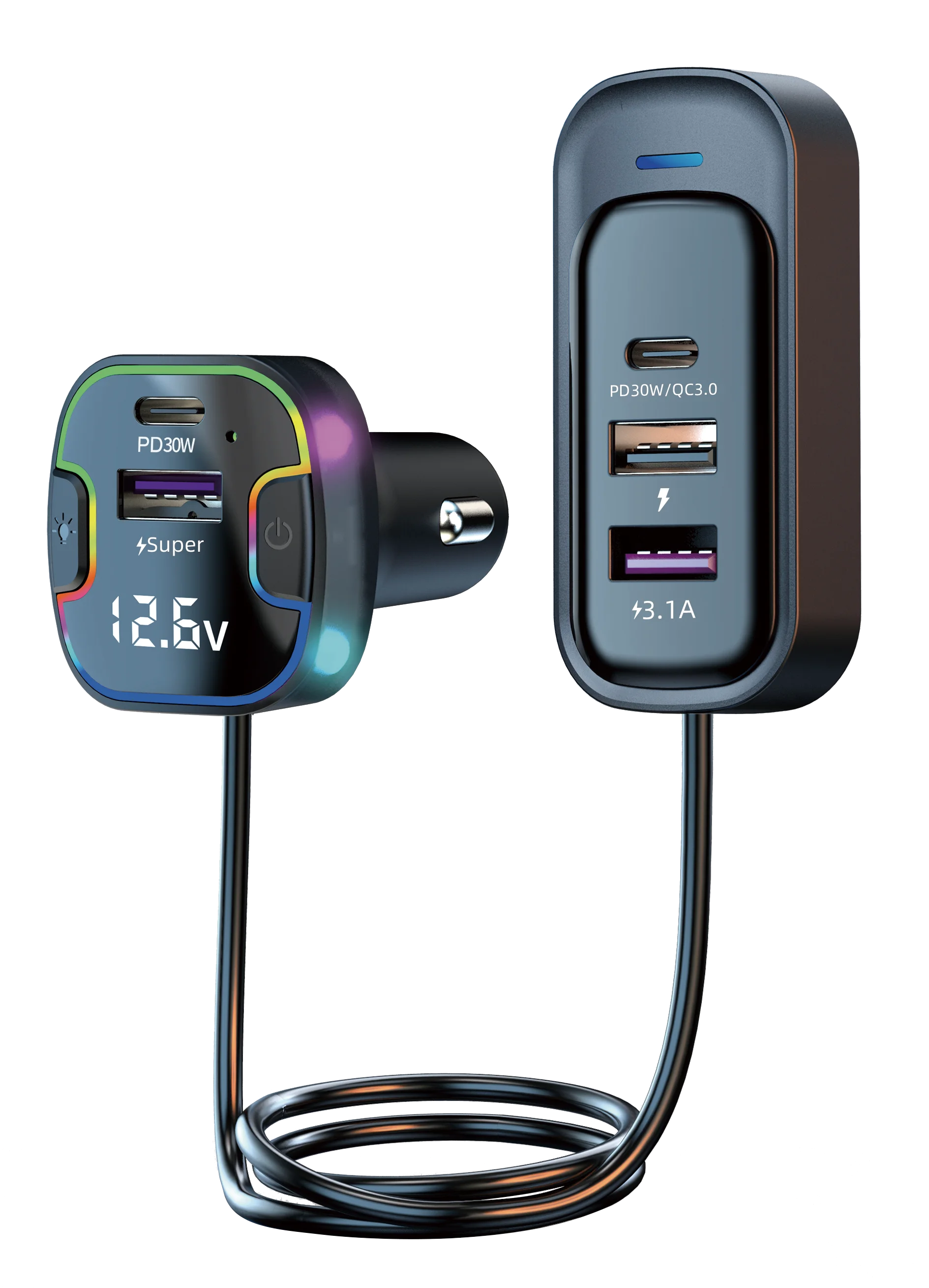 66W Dual Type C 6 Ports Super Fast Car Charger Adapter Qc3.0 Type C Car Charger For iPhone Rear Seat Fast Charge Charging