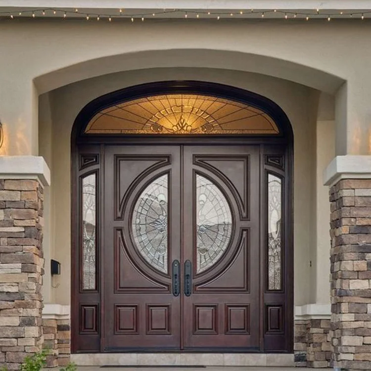 Modern appearance wooden glass front entry door design house main entrance half round arch top double solid wood doors designs