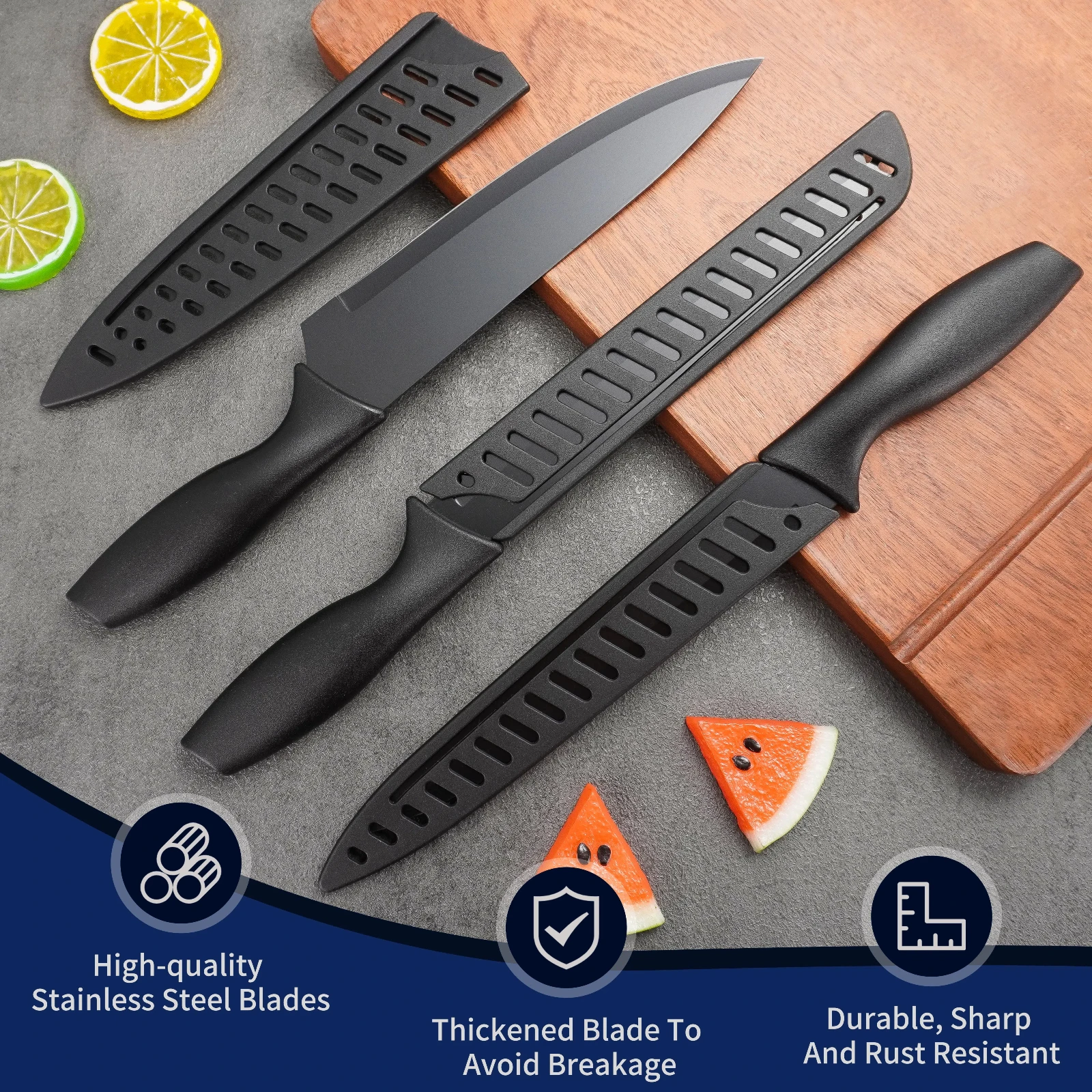 Wholesale 7 pcs Black Chef Knife Kitchen Shear Stainless Steel Kitchen Scissors Kitchen Knife Set With Plastic Cover