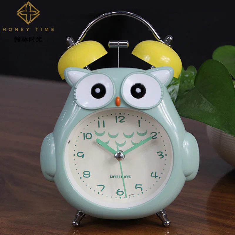 Cute cartoon owl children student alarm clock bedroom antair nightstand mute scanning night light metal ringing bell
