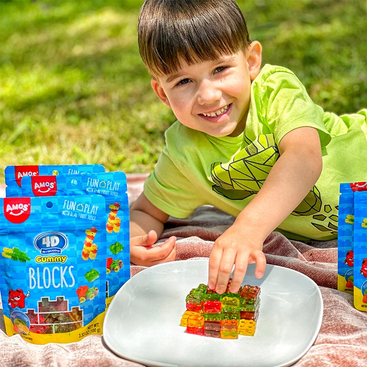 Amos 4D Building Block Gummies Jelly Sweet Natural/Artificial Flavors Real Fruit Juice Halal Gummy Candy