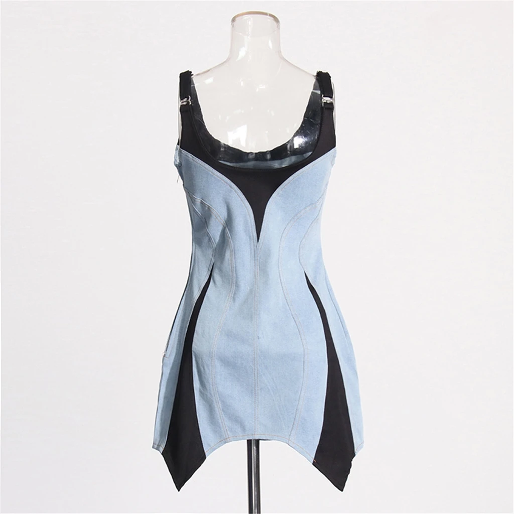 Fashion New Color Block Patchwork Sling Denim Jeans Elegant Casual Irregular Mini Sexy Bodycon Tight Short Dress Women Clothing