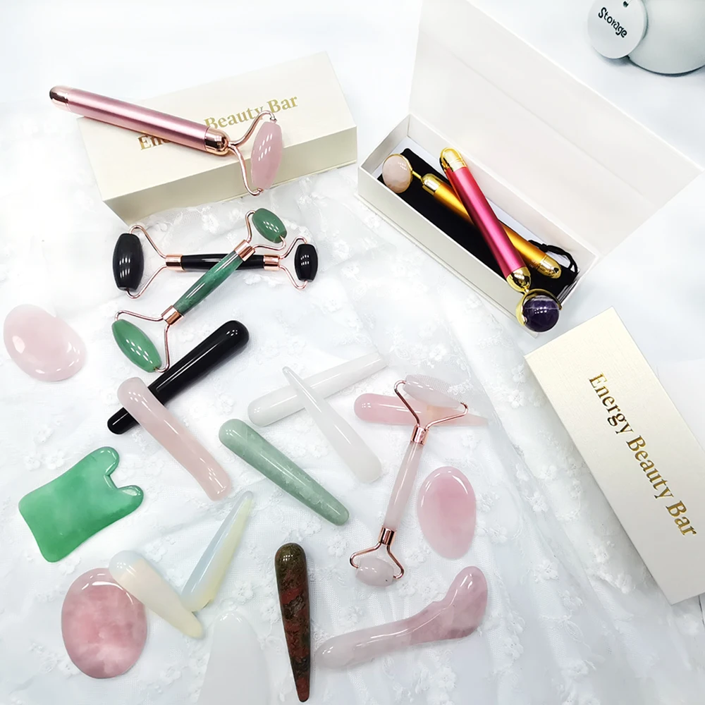 100% Crystal Healing Stones Rrose Quartz Facial Roller 3d Face Massage Jade Roller Set Metal OEM Head Frame