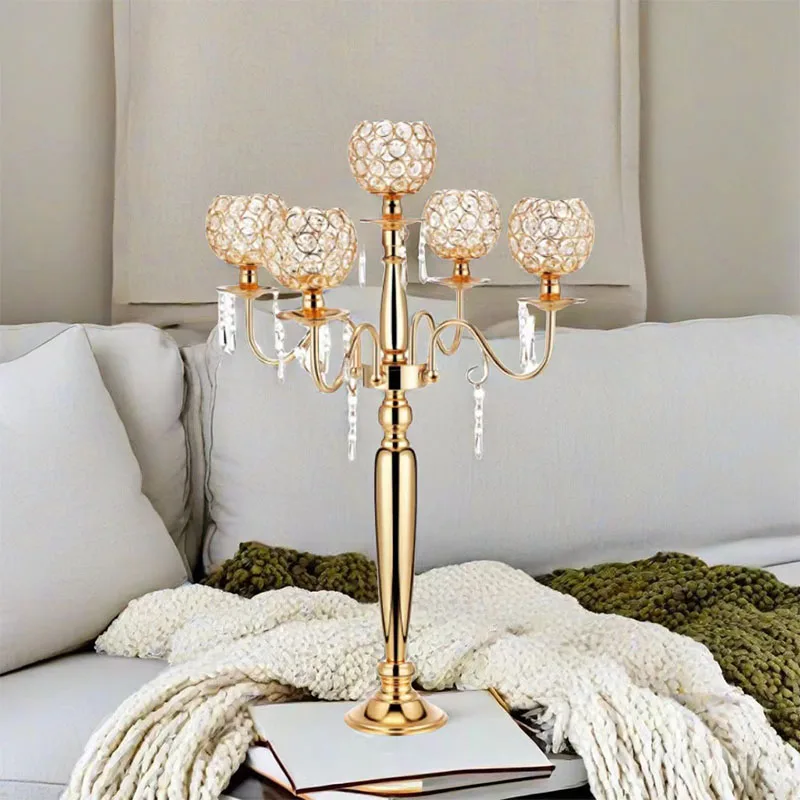Gold Candle Holder Candelabra Holiday Home Decorative Crystal Centerpiece Candle Holder for Wedding Party Dinner