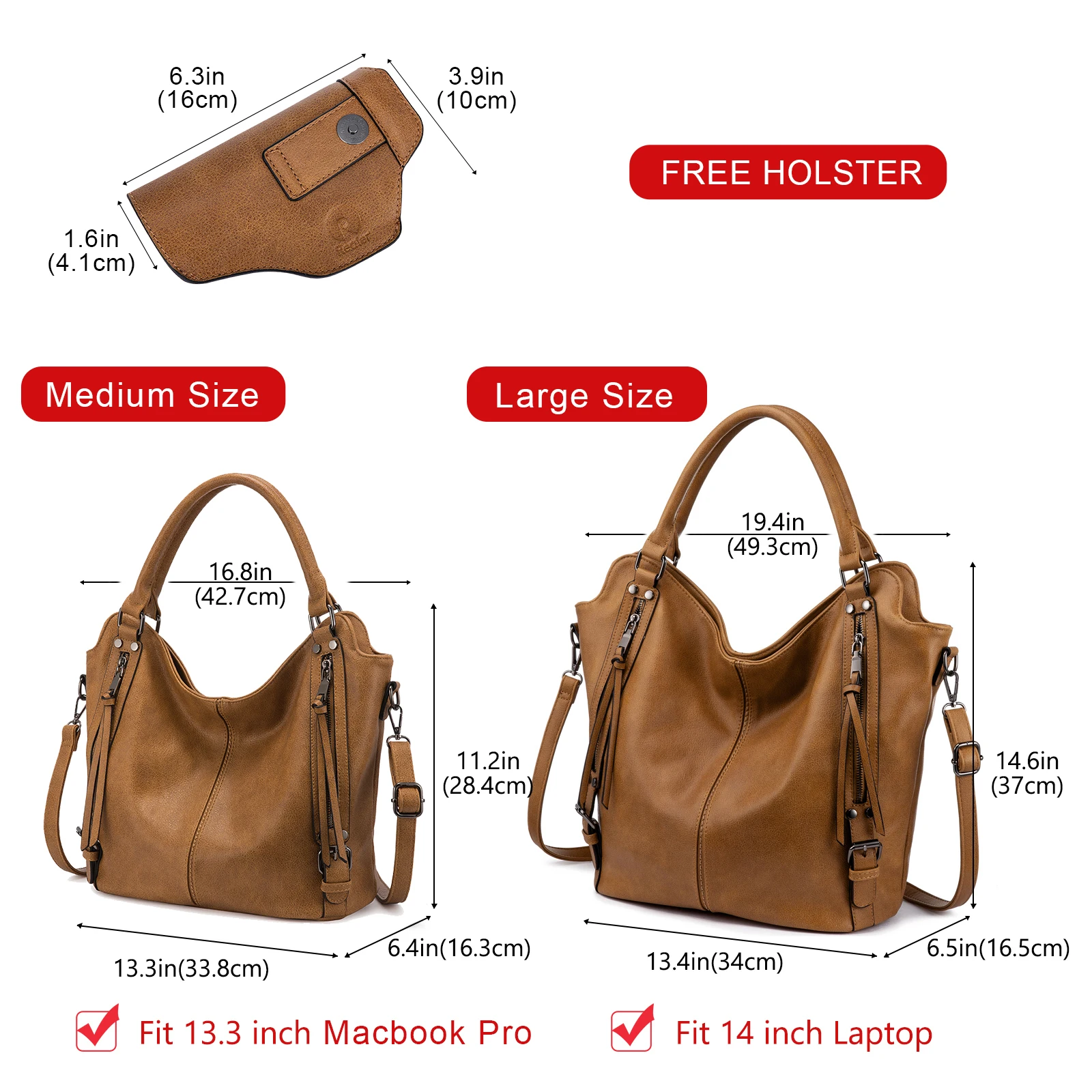 REALER Tactical Concealed Carry Hobo Purse Lady Leather Shoulder Bags Handbags Women Large Tote Bag With Detachable Gun Holster