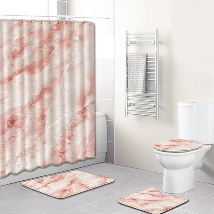 Marble textured print bathroom carpet shower curtain personalized absorbent non-slip floor mat