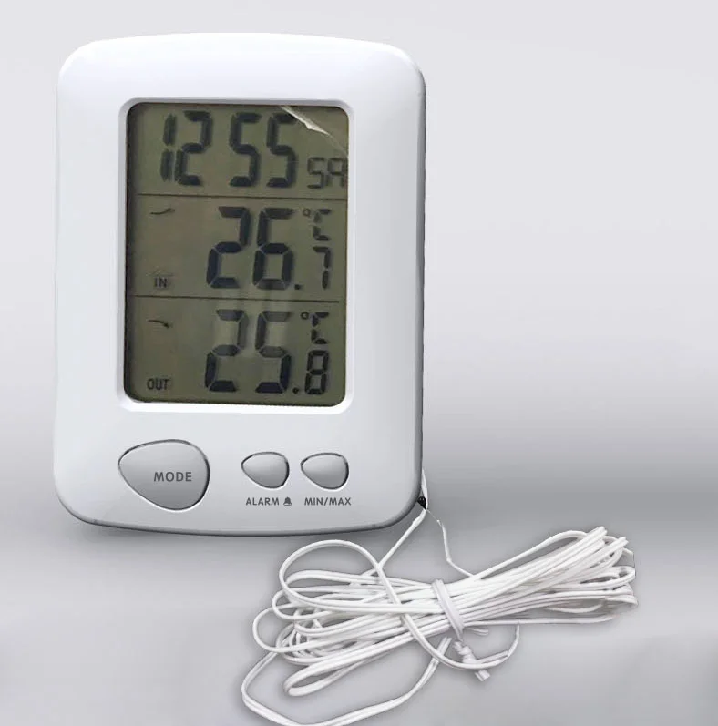 Large LCD Screen Indoor and Outdoor Thermometer Wire Meter Digital Alarm Clock with Temperature