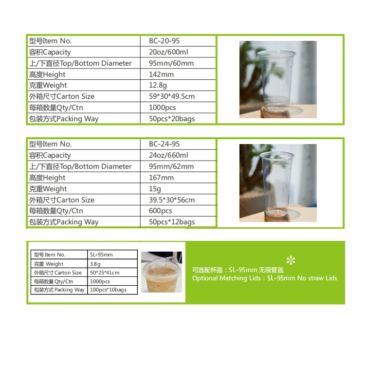 Logo Customized PET PE PP Disposable 16oz 500ml Bubble Tea used  with flat or U shape Transparent Plastic Cup