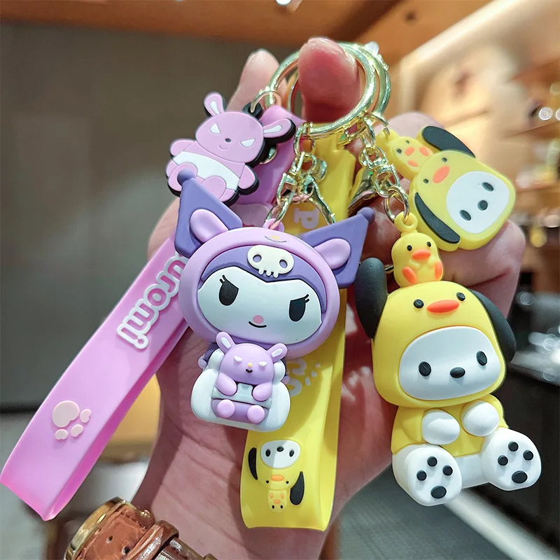 3D PVC Cartoon Kuromi With Bear Figure Cute Car Keyrings Pendant Toys Wholesale Melody Anime Hanging Rubber Ornaments Keychains