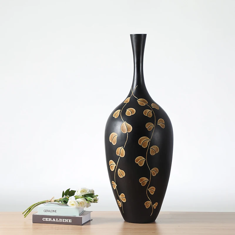 Best Selling luxury Tall Long Neck Leaf Pattern Floor  Black Resin Vase