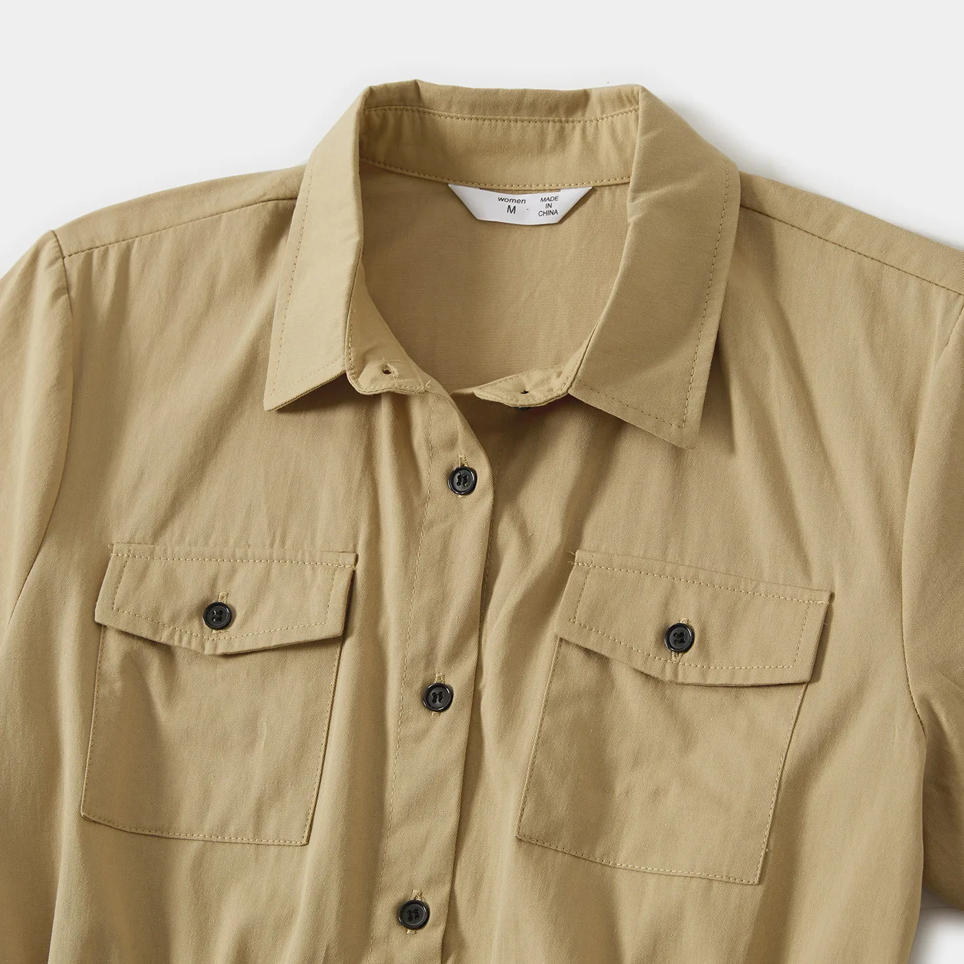 Women Girls Natural Short Sleeve Camp Pocket Shirt Dress and Dad Son T-shirts Family Matching outfits