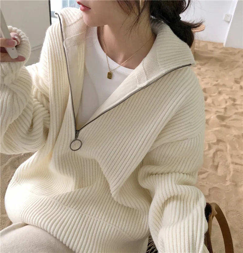 Wholesale Zipper Turtleneck Women Knit Cardigan Long Sleeve Spring Jumper Lady Knitwear Tops