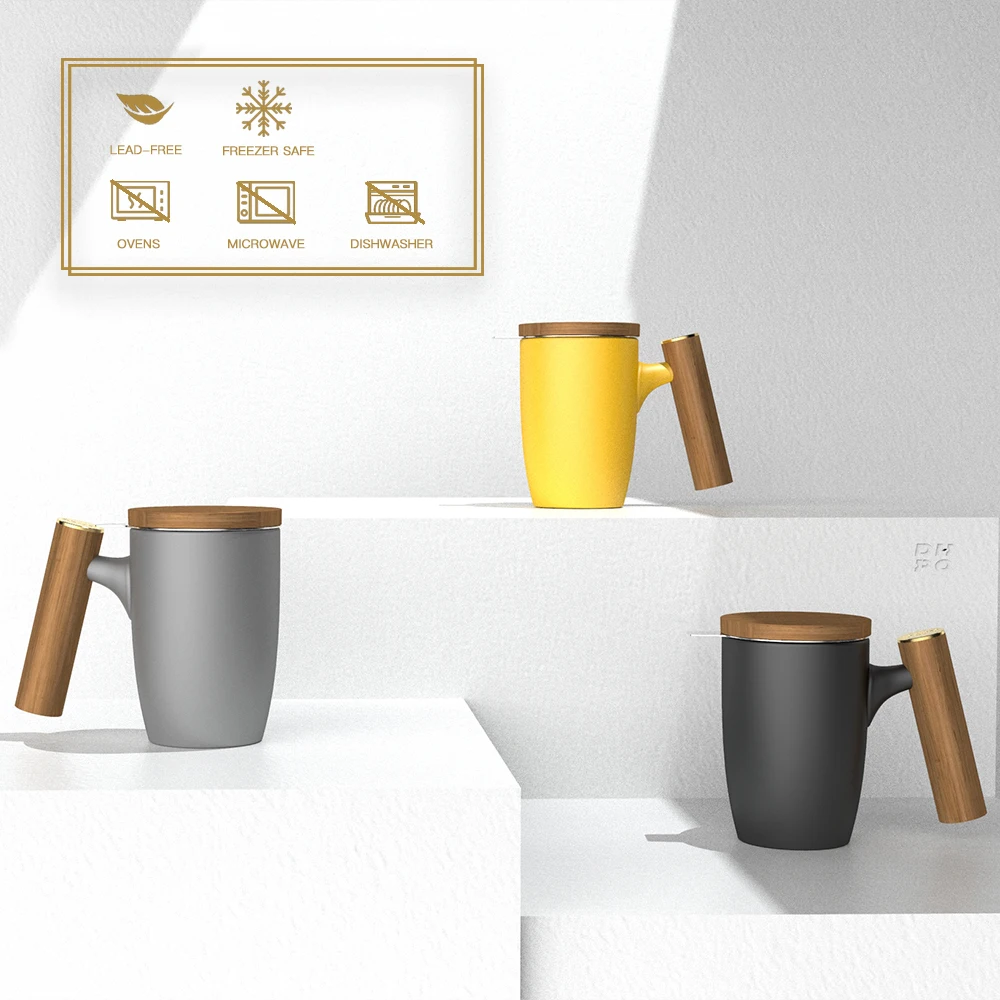 DHPO minimalist 15 oz matte yellow coffee ceramic mugs porcelain  bubble tea cup with stainless steel filter and wooden lid