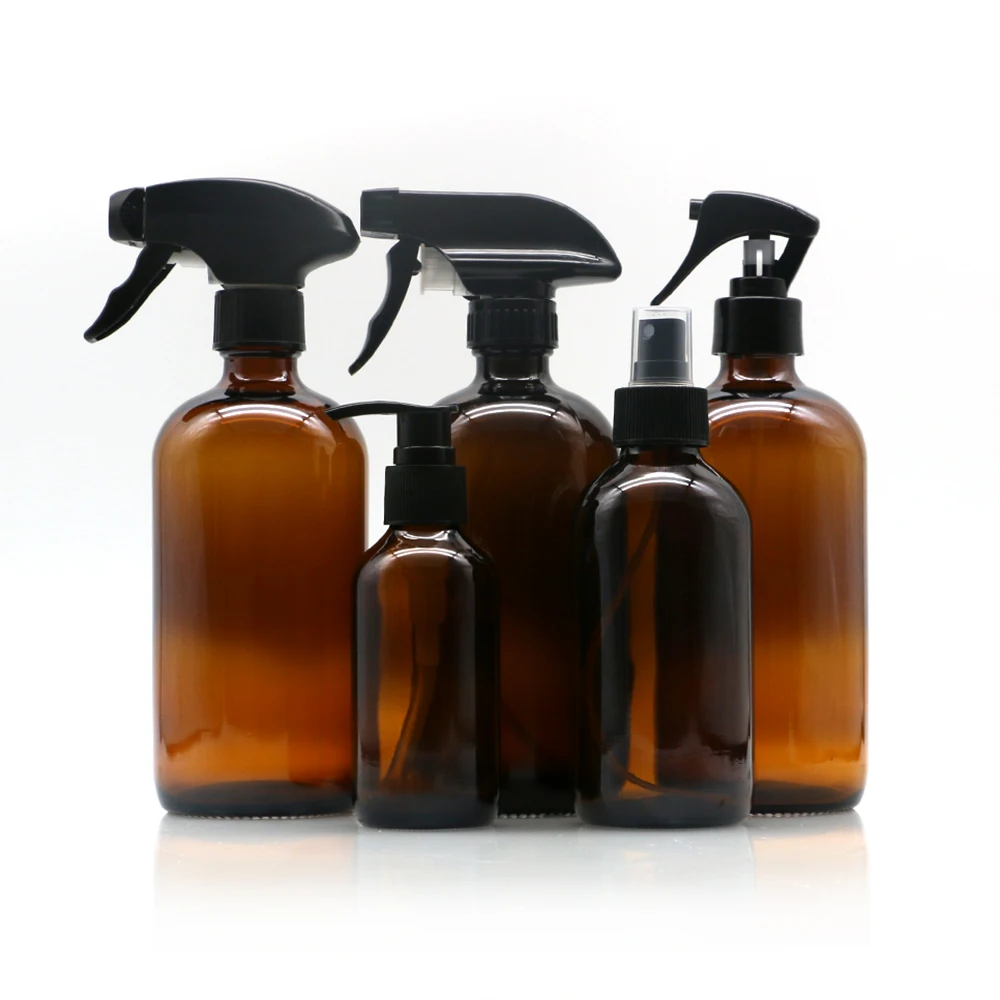 custom 1oz 2oz 3oz 8oz 16oz Euro amber glass bottle with hand spray with dropper