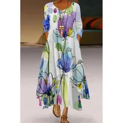 Latest Korean Design Floral Print Elastic Square Neck Short Sleeve  Women Summer Long Dresses Clothing