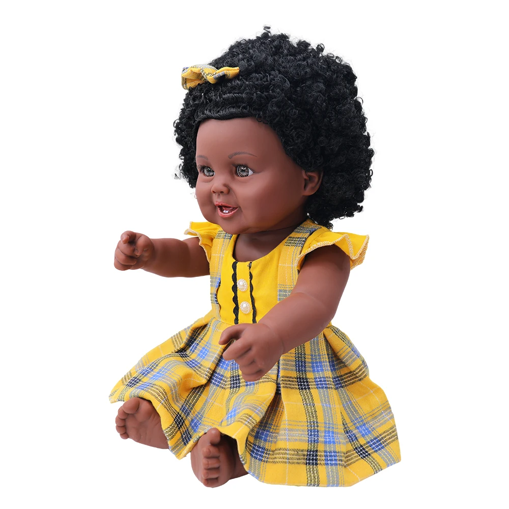Tusalmo doll factory price wholesale lifelike 19 inch black pretty girl doll with dimples beautiful yellow dress for kids